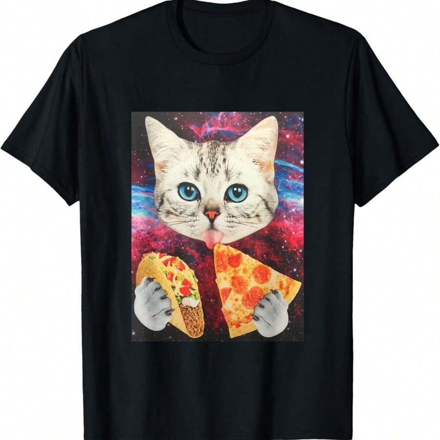 Funny Cute Outer Space Galaxy Cat Meme Pizza Taco T-Shirt - Negro - Ver 1