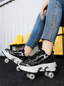 男士一键伸缩直排轮滑鞋，携带方便，可快速行走或滑行，系带休闲鞋，男女皆宜，四季皆宜 - 黑色 - 查看 5