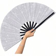13-Inch Large Folding Fan, Shining - Hand Fan Pops Out Fan Strings, Dance To Strike Fan Boots, Dance On The Ground, Party, Outdoors, Decoration Shining - 銀色 - 查看 6