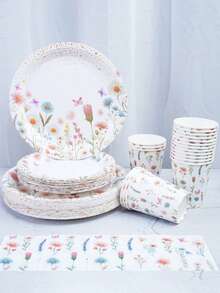 The Butterfly Flower Themed Disposable Paper Tray Set Includes 9-Inch And 7-Inch Paper Cups And Napkins. Suitable For Various Occasions Such As Clubs, Parties, Picnics, Weddings, Family Banquets, And Party Supplies. It Is Also Suitable For Kitchen And Dining Room Decoration, As Well As Party Decoration. This Is A Set Of Reception Paper Plates And Disposable Tableware. It Is Specifically Designed For Weddings And Parties - Multicolor - View 1