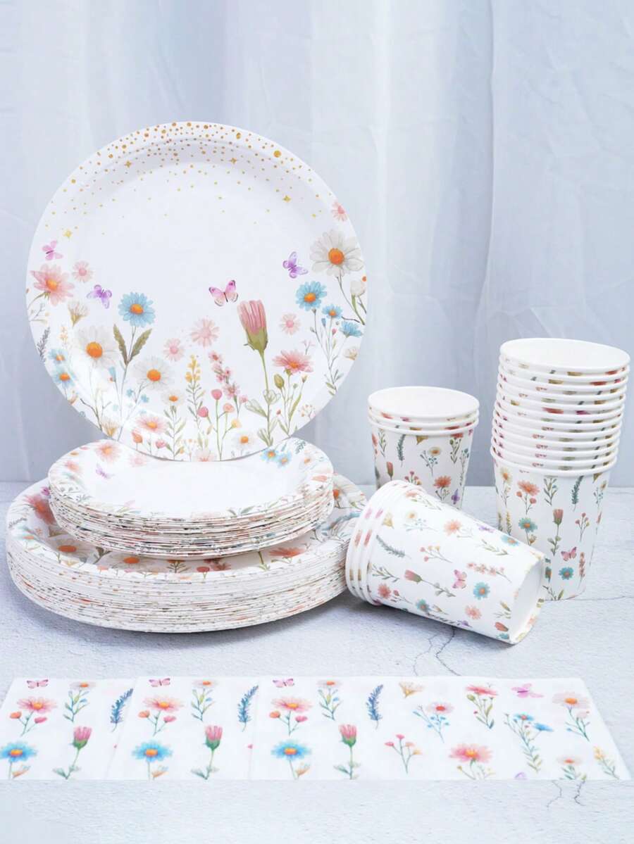 The Butterfly Flower Themed Disposable Paper Tray Set Includes 9-Inch And 7-Inch Paper Cups And Napkins. Suitable For Various Occasions Such As Clubs, Parties, Picnics, Weddings, Family Banquets, And Party Supplies. It Is Also Suitable For Kitchen And Dining Room Decoration, As Well As Party Decoration. This Is A Set Of Reception Paper Plates And Disposable Tableware. It Is Specifically Designed For Weddings And Parties - Multicolor - View 1