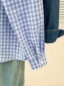 Spring Plaid Shirt With Dachshund Embroidery Pocket Casual Top - Light Blue - View 9