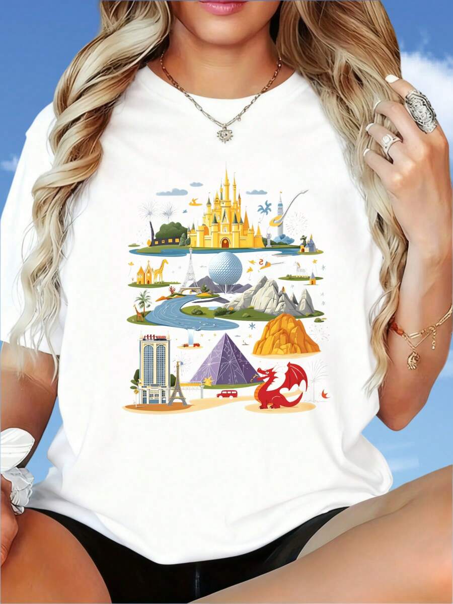 World Theme Park Landmarks Graphic T-Shirt Women's Casual Summer Top With Castle Spaceship Mountain Pyramid And Dragon DesignDisney Fun Print, Merry Christmas, New Year, Christmas Party Dress, Women's Round Neck T-Shirt, 220g - 黑色 - 查看 1