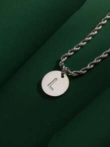 1pc Fashionable Hiphop Stainless Steel Round Disc 26 Letters A-Z Pendant With Stainless Steel Twisted Chain Necklace, Suitable For Men's Daily Wear - Steel-colored Round Letter Necklace - View 35
