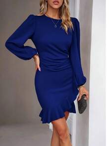 Women Long Sleeve Crew Neck Front Ruffled Imported Crepe Dress , 19117 - Royal Blue - View 2