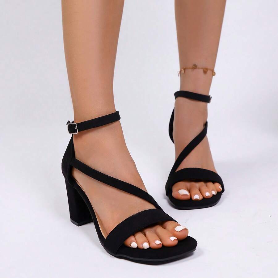 Plus Size Women's Solid Color Buckle Strap High Heel Sandals, Commuter Style, Outdoor Summer - Black - View 1