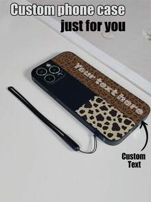 1pc Customizable Black TPU Phone Case With Leopard Print Pattern & 1pc Black Silicone Lanyard, Customized Text Phone Case, Anniversary Gift, Valentine's Day Gift, Birthday Gift, Wedding Gift, Mother's Day Gift, Father's Day Gift, Best Friend Gift, Gift For Mom/Dad, Gift For Boyfriend/Girlfriend, Compatible With Apple/Matching/Lanyard/Funny/Android/ Phone Cases - Multicolor - View 3