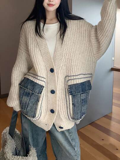 Alicedudu 口袋装饰落肩超大开衫，女士冬季休闲前纽扣，撞色镶边，口袋落肩 V 领宽松米色拼色女士开衫，休闲日常装，长袖上衣