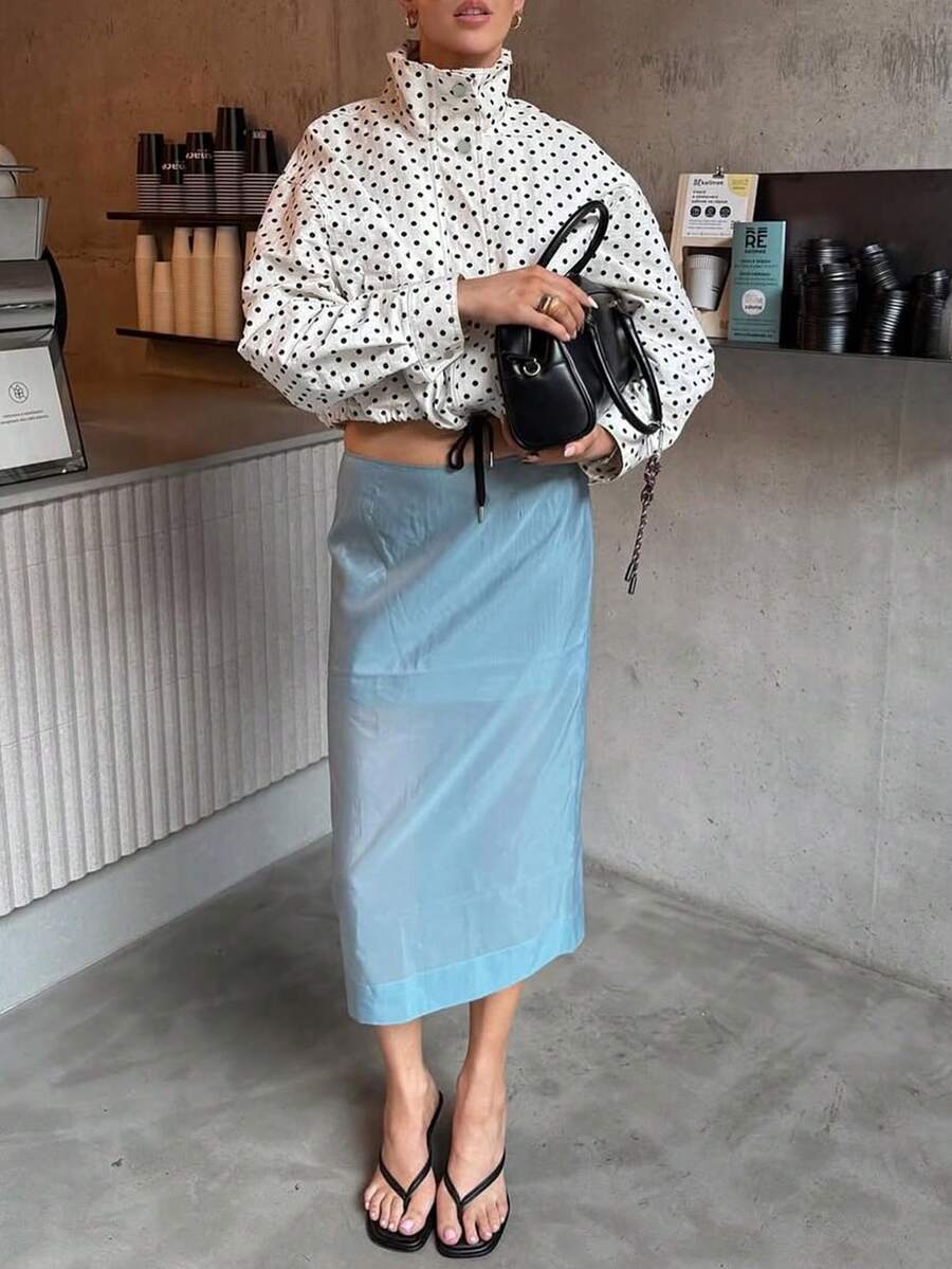 一件女士白色波点拉链休闲外套，适合圣诞节、秋冬春季穿着。 - 白色 - 查看 1