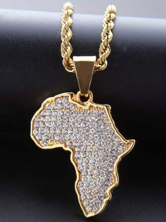 1件时尚男女通用金色非洲地图镶嵌立方氧化锆吊坠项链，嘻哈摩托车饰品礼品
