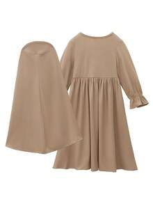 Conjunto de 2 peças para meninas muçulmanas - Vestido de manga comprida em cor sólida + lenço de cabeça - Caqui - Ver 3