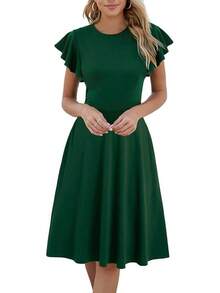 Women's Semi-Formal Ruffle Sleeve V-Back Work Fit And Flare Cocktail Knee Length Dress With Pockets, 2025 Style - 墨綠色 - 查看 11