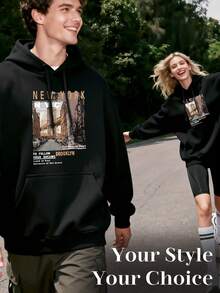 1pc Unisex Hoodie New York City Print Black Hoodie, Hoodies For Men Lightweight Polyester Material, Simple Crossprint Drawstring Hoodie, Machine Washable, For Spring/Summer/Fall Valentine's Day, Father's Day, Thanksgiving Day - 黑色 - 查看 5