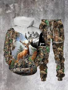 Spring And Autumn Men'S Casual Hooded Sweatshirt And Pants Two-Piece Set High-End Forest Animal Print, Plus Size - style - 查看 2