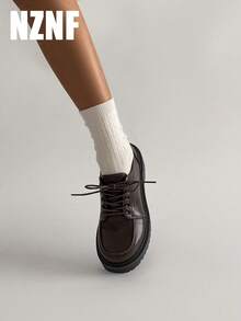 NZNF 1双纯色学院风休闲PU皮系带乐福鞋，棕色，厚底，适合所有季节 - 棕色 - 查看 3