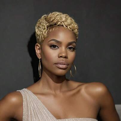 Chic Elegant 4-Inch 27# Pixie Cut Wig With Bangs - Brazilian Human Hair, Glueless Attachment For Easy Styling, Straight Layered Look, Ideal For Women's Halloween/Christmas Cosplay And Casual Attire, Party Wig, Carnival/Christmas/Thanksgiving Day/Happy New Year Gift, Korean Wave, K-Pop Style