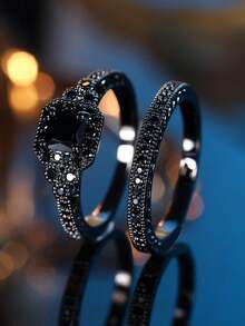 2 Pcs/Set Exquisite All-Black Cubic Zirconia Halloween-Style Women's Ring Set Designed For Women Halloween Jewelry Women's Jewelry Gift - Black - View 15