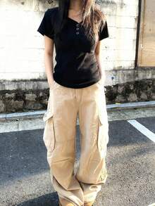 纽扣V领百搭优雅修身短袖T恤 - 黑色 - 查看 4