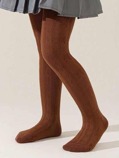 1pc Girls' Solid Color Leggings, Princess Style, Dance Tights, Students' Sports Breathable Thin Tights, Coffee Color With Bow Pattern, Autumn/Winter