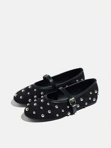 Women's New Rivet Decor Round Toe Ballet Shoes, Fashion Versatile Chic Strap Buckle Suede Soft Bottom Comfortable Mary Jane Shoes - Black - View 20