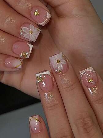 24PCS Short Square Fake Nail White French White Flower Golden Starfish Shell Drill Golden Line Cute Chrome Acrylic Pressure On The Nail Nail Set (Attached: A Piece Of Jelly Glue And File) Suitable For Women Daily Dating Party