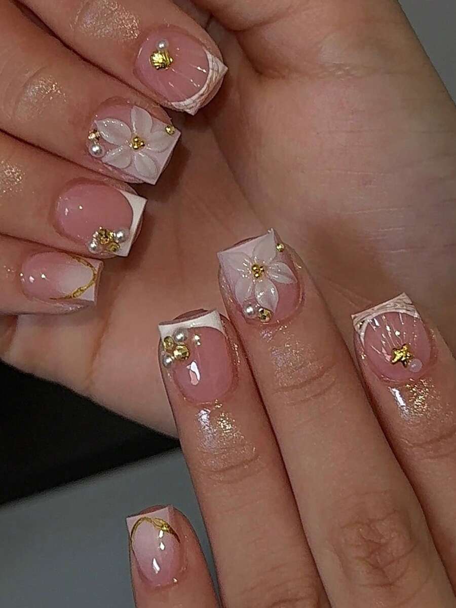 24片短方形假指甲，白色法式花朵金色海星贝壳水钻金线可爱镀铬亚克力按压式美甲套装（包含：1片果冻胶和1个指甲锉），适合女性日常、约会、派对等场合。 - 彩色 - 查看 1