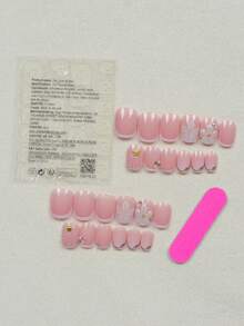 24片短方形假指甲，白色法式花朵金色海星贝壳水钻金线可爱镀铬亚克力按压式美甲套装（包含：1片果冻胶和1个指甲锉），适合女性日常、约会、派对等场合。 - 彩色 - 查看 2