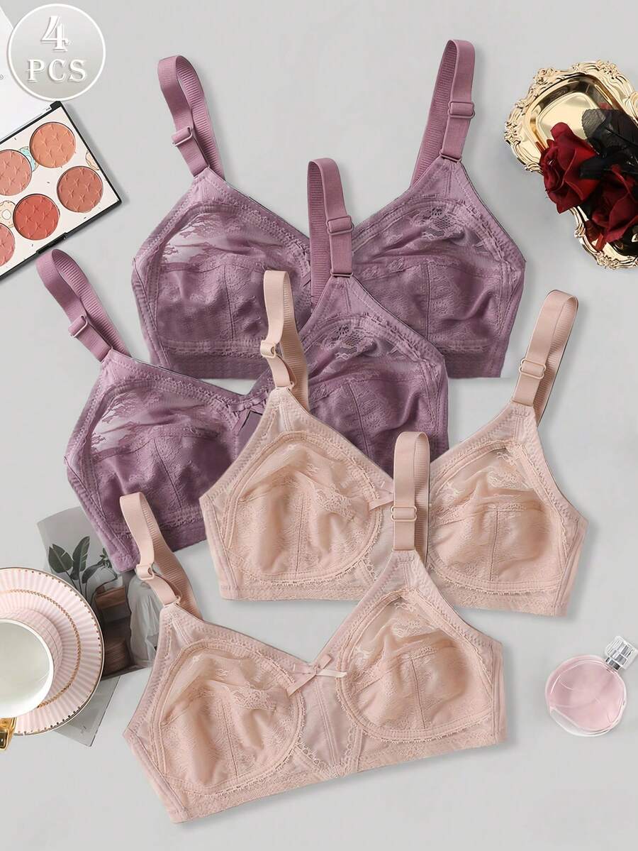 4件套女士全罩杯蕾丝无钢圈文胸，性感透气薄款加厚文胸，适合大胸