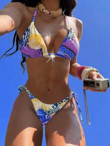 Swim Vacation Cute Summer 2pcs Halter Random Floral Print Metal Starfish Decor & High Cut Bottoms Bikini Set, Beach Vacation - Leopard - View 15