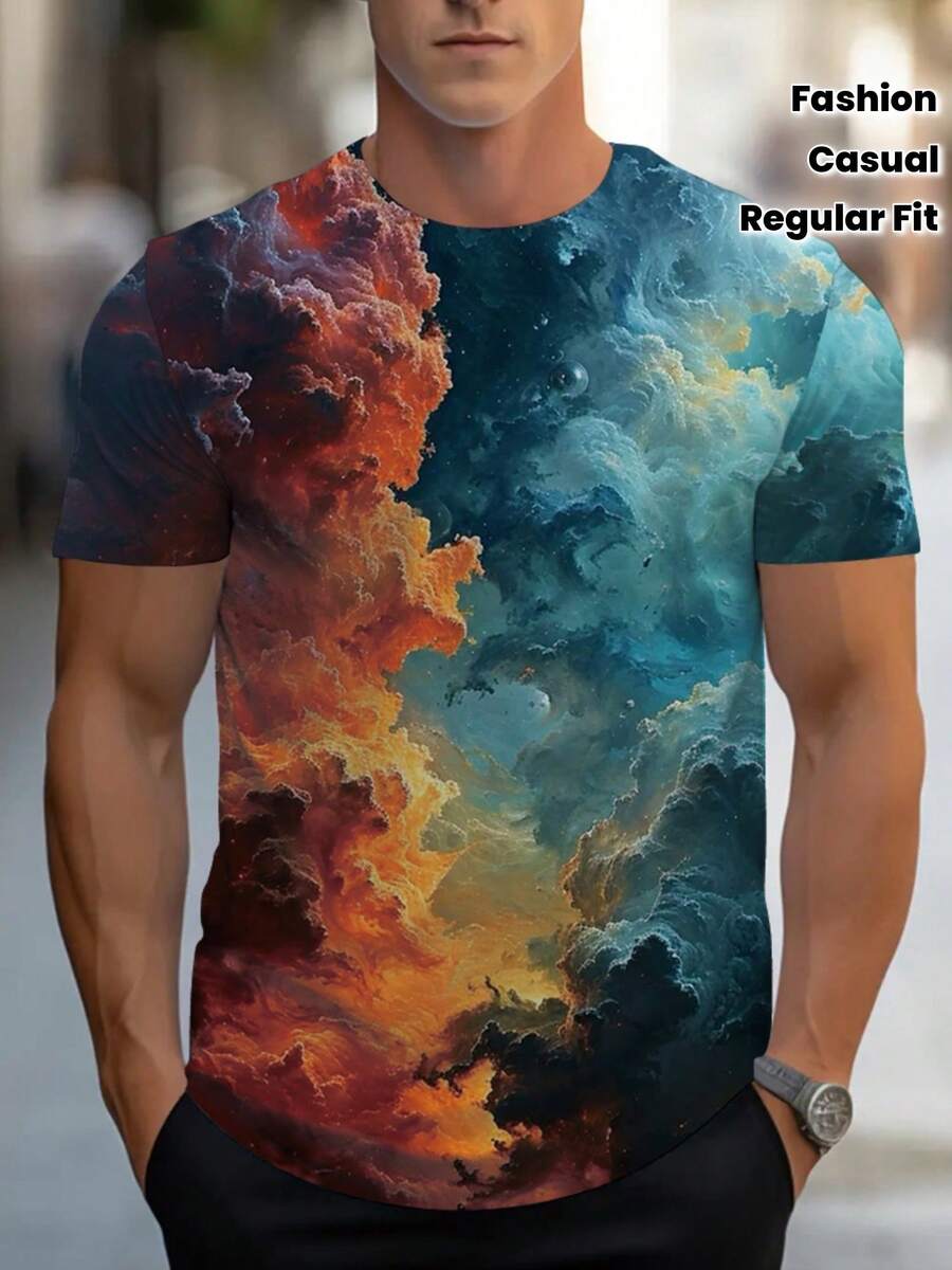Men'S Vintage 3D Galaxy Print T-Shirt - Stylish Cosmic Starry Sky Short Sleeve Crew Neck Tee With Vibrant Flame & Nebula Design, Black, Casual Regular Fit For Casual Attire - 彩色 - 查看 1