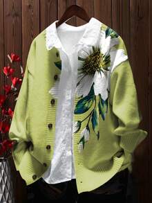 Cárdigan con estampado floral 3D - Diseño con botones delanteros, suéter ligero, adecuado para todas las estaciones, chaqueta casual holgada, silueta estructurada para vacaciones - Verde - Ver 8