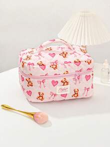 1 Piece Large Capacity Make Up Bag Cute Bow Print Cosmetics Storage Bag Foam Quilted Makeup Clutch Pouch Handheld Travel Toiletry Bag Multi-Functional Items Storage Bag Set Heart-Shaped Pattern Lipstick Pouch Pink Home Items Storage Bag - Pink - View 7