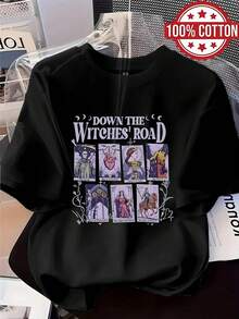 1PC 100% Cotton Tarot Card Witches' Road Graphic Print Women's Short Sleeve TShirt Black Casual Tee Top Trendy Witchy Style. - Negro - Ver 1