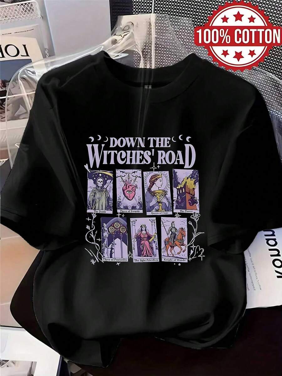 1PC 100% Cotton Tarot Card Witches' Road Graphic Print Women's Short Sleeve TShirt Black Casual Tee Top Trendy Witchy Style. - Negro - Ver 1