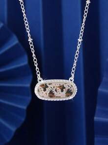 1pc Oval Design Pendant Necklace, Copper, Fashionable Everyday Wear For Women - 白色 2 - 查看 4