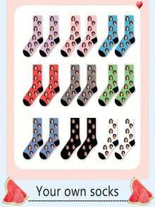 1 Pair Customized Face Design Unisex Mid-Calf Socks, Personalized Socks With Photo & Text Logo, Interesting Custom Portrait Socks For Men & Women, Suitable For Daily Wear, Holidays, Birthdays, Couple & Wedding Gifts - Multicolor - View 3