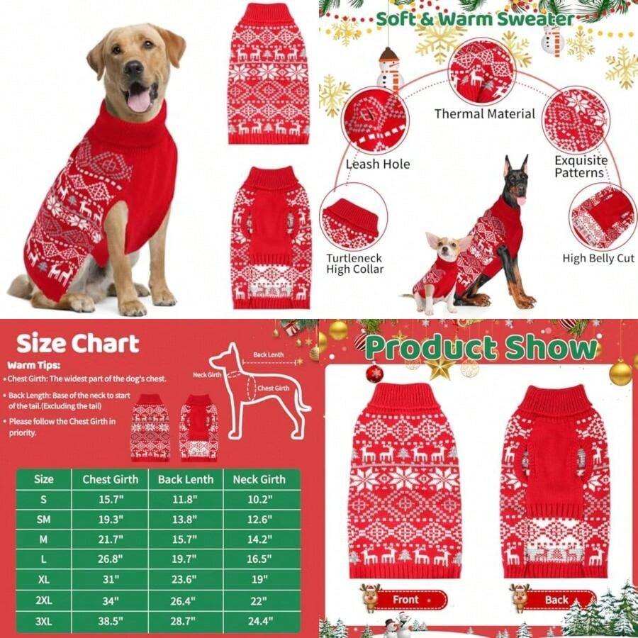 Suéter de Navidad para perro grande, grueso y cálido para mascotas, con copo de nieve, reno para perro, suéter de día festivo para clima frío, suéter de punto de invierno para perros medianos y(Mediano) - Multicolor - Ver 1