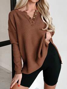 Suéter de punto de manga larga con cuello redondo, abertura y botones en el bajo, estilo vintage para mujer, otoño/invierno - Café integral - Ver 2