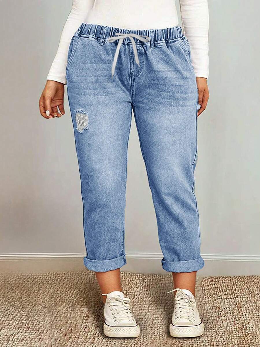 Fall Clothes Plus Size Mid-Rise Straight Leg Pants With Elastic Drawstring Waist & Distressed Rolled Hem Business Casual Woman Curve - Blue - View 1