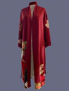 Floral Print Mid-Length 3/4 Sleeve Kimono Cover Up Thin Jacket, Elegant Casual Loose Outerwear For Women, Suitable For Beach, Travel, Vacation, Lightweight Robe Sash - Red - View 3