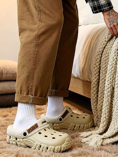 Couple's Warm Plush Lined Slippers, Winter Footwear Casual Shoes, Men & Women Thermal Lining, Thick Material, Rubber Sole, Warm Indoor/Outdoor Slip-On Slippers