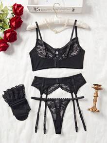 4-Piece Sexy Series Hollowed Out Straps Lace Bow Ladies Sexy Underwear Set,Christmas Lingerie,Christmas Lingerie Women,Lingerie For Women,Lencería Erótica De Mujer,Lingerie Set,Christmas Outfit Women,Lingerie For Women Roleplay,Lingerie For Women>Costume,Sexy Lingerie - 黑色 - 查看 5