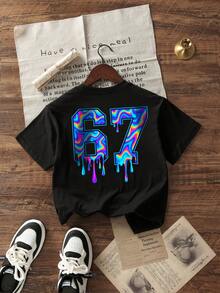 Boys & Teens Casual Printed Crew Neck Short Sleeve T-Shirt, Summer Top - Black - View 3