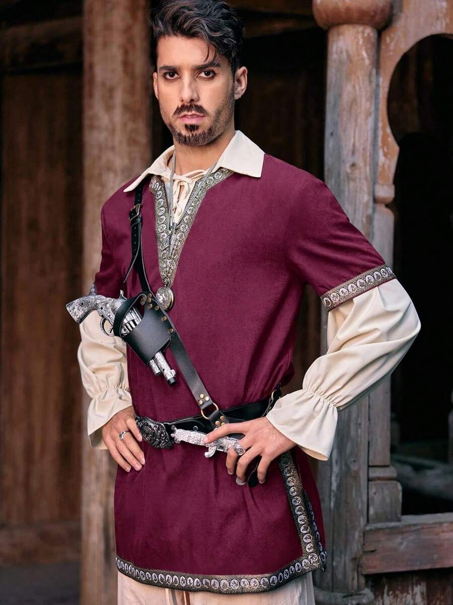 Men's Scottish Mercenary Costume Tunic Medieval Knight Warrior Style LARP Renaissance Halloween Top - Dark Red - View 1