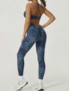1 Set Women's Leopard Print Elastic Criss-Cross Front & Back Sports Bra And Leggings Activewear Set - Blue - View 3