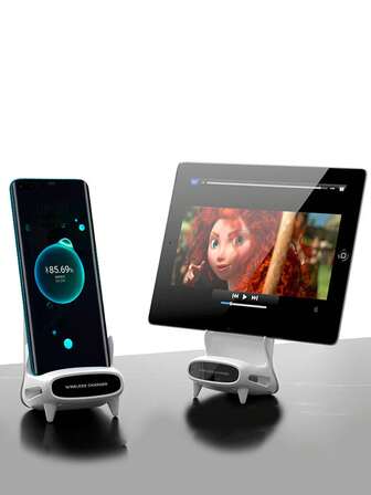 15W trådlös laddare, multifunktionellt stativ för telefon/surfplatta, trådlös högtalare, kompatibel med smartphones med QI-laddningsfunktion, Android och kompatibel med iPhone 8/X/11/12/13/14/15/16/17-serien. Lämplig för kontor, studenthem och hemmakontor. Hemladdare för studenthem.