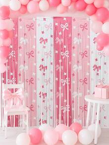 1/2/4pcs Pink & White Metallic Ribbon Curtain, Pink Bow Decor For Birthday Party Background, Wedding Decoration, Princess Party, Baby Shower, Photography Backdrop, Birthday Party Supplies, Stage Backdrop, Party Decorations - Bow Theme - View 8