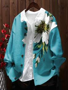 Cárdigan con estampado floral 3D - Diseño con patrón de flores, cierre con botones, suéter ligero, adecuado para todas las estaciones, chaqueta casual holgada, silueta estructurada para vacaciones - Azul - Ver 6