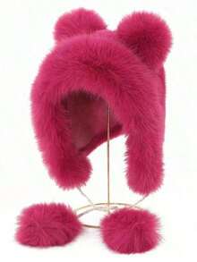 New Ladies Cute Fluffy Tassel Ball Pom Pom Design Bucket Hat With Kitten Ears Lei Feng Hat, Warm Outdoor Casual Cute Hat - Multicolor - View 9