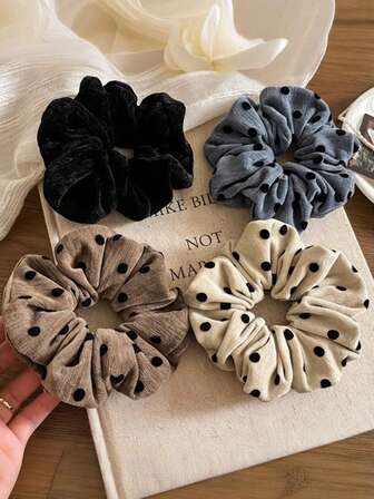 4pcs Polka Dot Velvet Hair Scrunchies, High Elasticity Hair Ties, Autumn/Winter